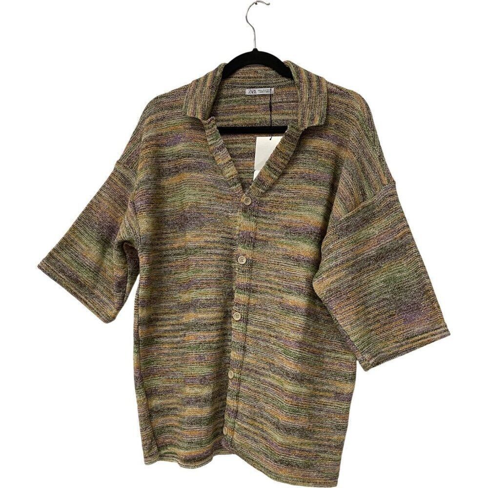 Zara Mens Sweater M Green Striped Button Front Oversized Cardigan 3166/300 NWT